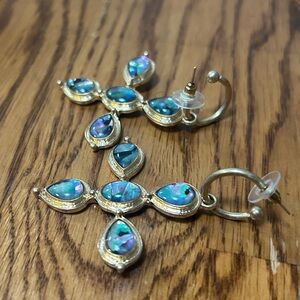 Elegant Gold and Blue Abalone Teardrop Hoop Earrings